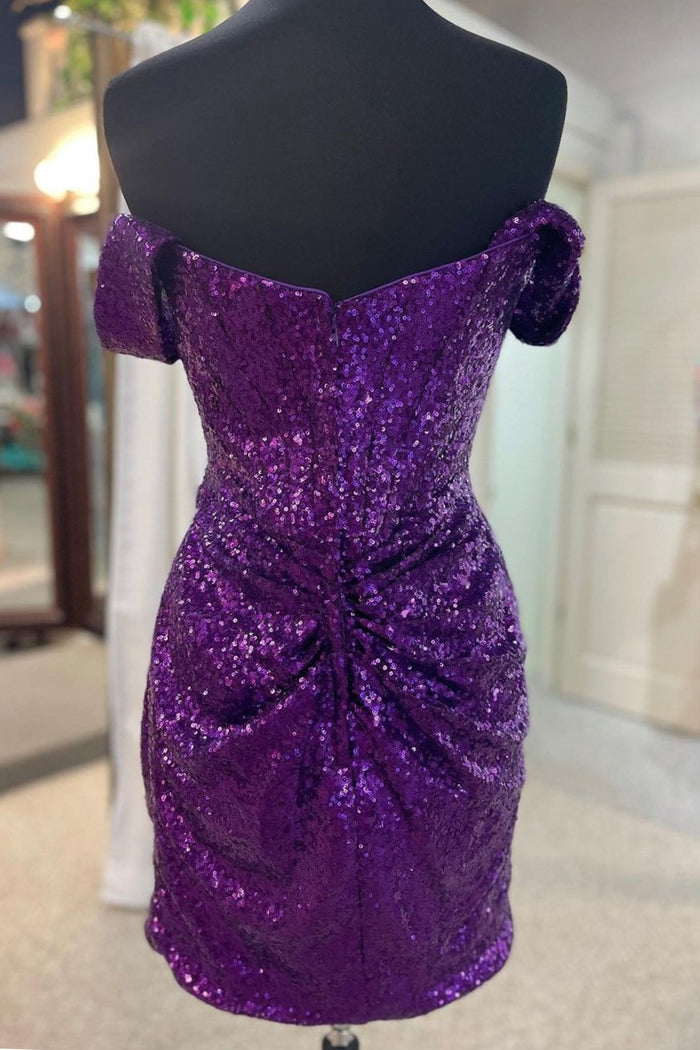 Sequin Off-the-Shoulder Ruched Cocktail Dress
