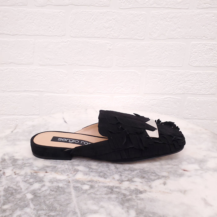 SERGIO ROSSI BLACK SUEDE FRINGE SLIDES - SIZE 36.5
