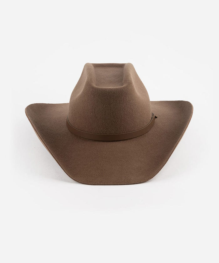 A brown cowboy hat with an upturned brim and an attached leather band, displayed against a white background. #color_chocolate
