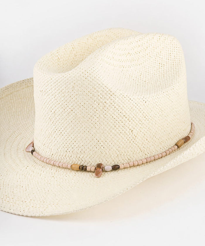 Beige straw hat with a decorative band on a plain background #color_natural