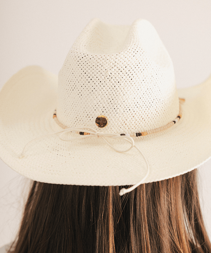 A close-up back view of a person wearing a cream-colored woven cowboy hat with a decorative band and a small gold button, set against a plain light background #color_natural