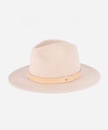 A blush pink colored fedora hat with a hat band on a white background #color_blush pink