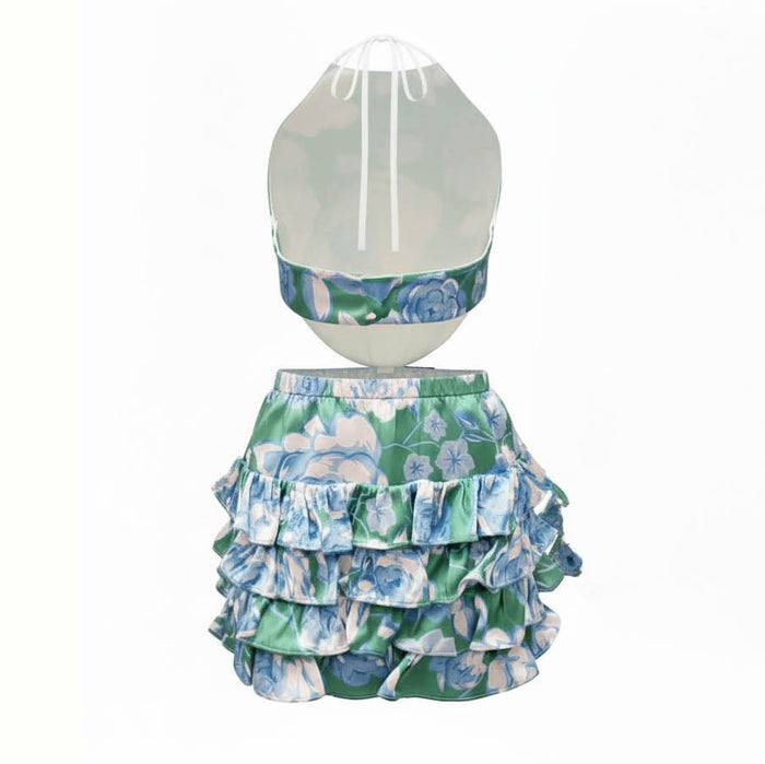 SHUSHU/TONG GREEN AND BLUE FLORAL CUT OUT HALTER RUFFLED DRESS