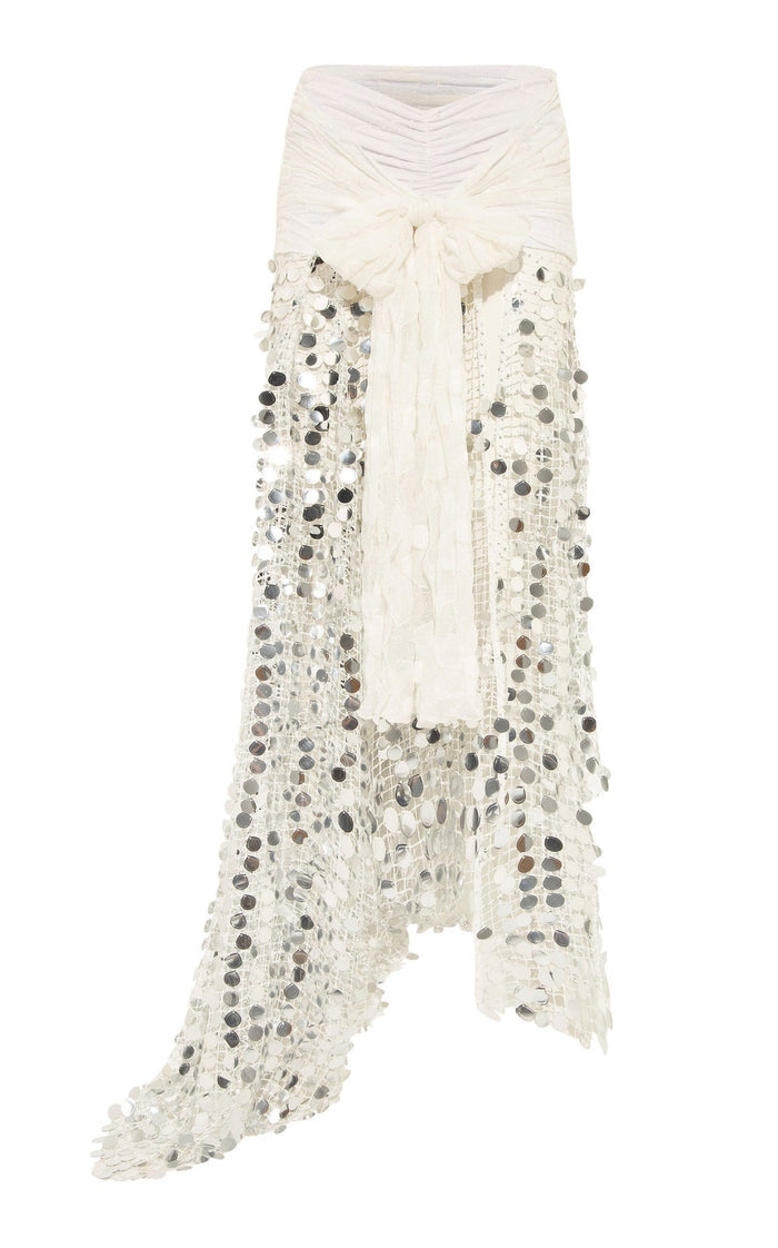 Siedres Silvana white silver sequinned knit maxi skirt with asymmetrical hem