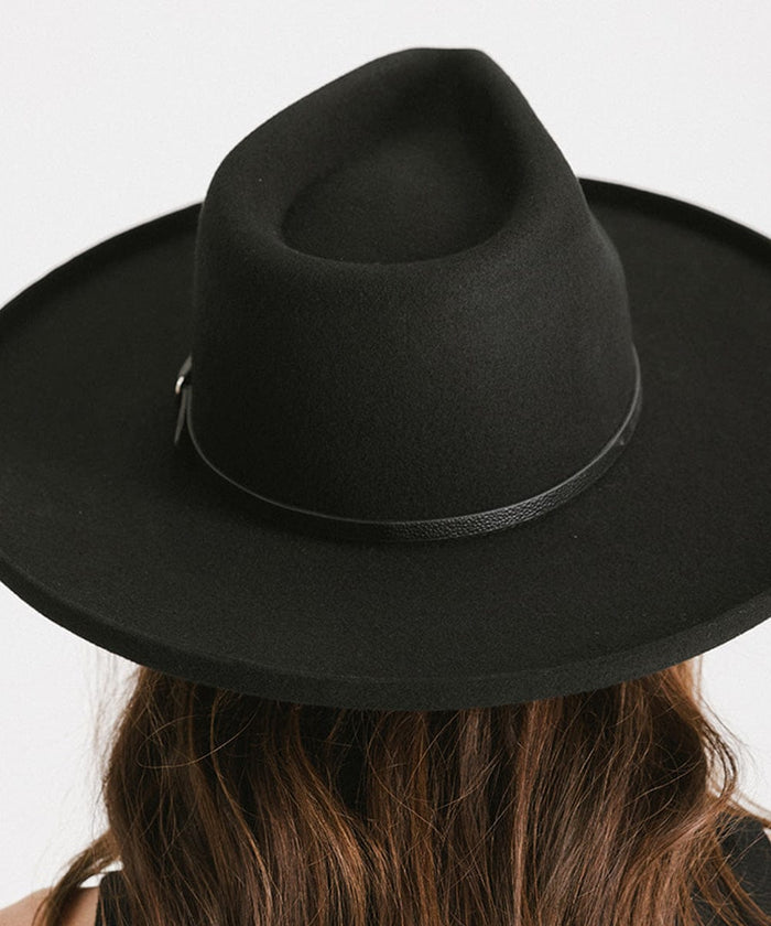 Person wearing a black wide-brimmed hat with a black hat band, facing behind against a plain background #color_black - silver