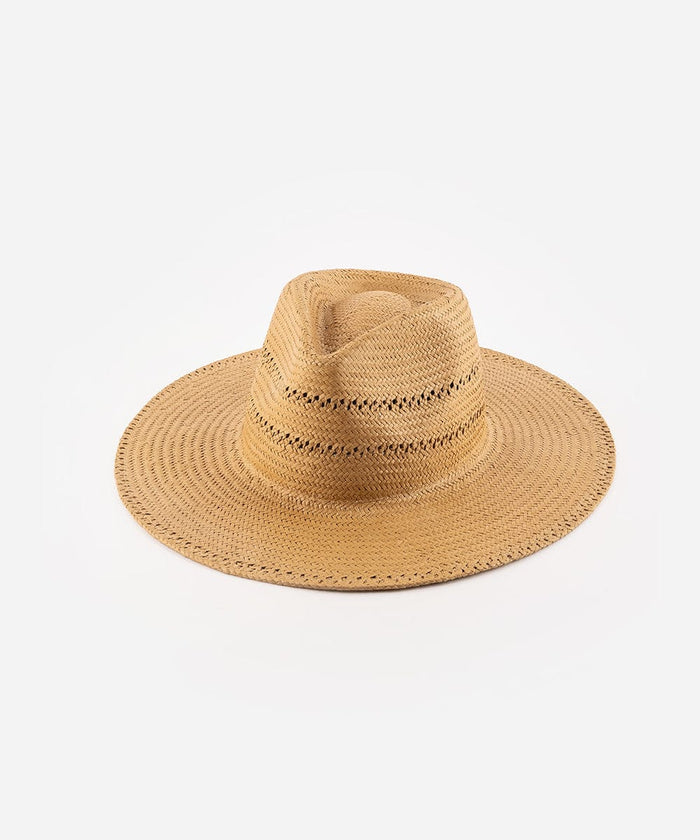A honey colored Sloan Teardrop Fedora hat made of paper straw, featuring a wide brim and venting details on a plain background #color_honey