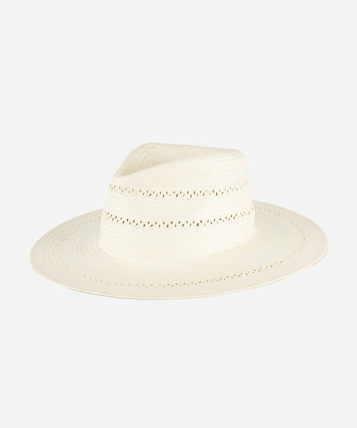 White straw fedora hat with decorative trim on a white background #color_white