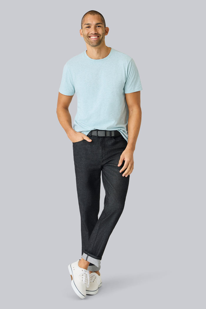 Full front view of a man wearing Slub Crew Neck T-Shirt in Nile Blue Heather