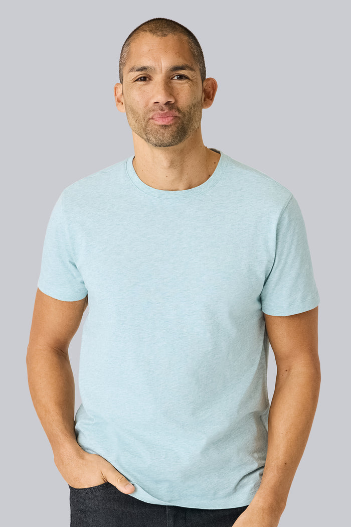 Front view of a man wearing Slub Crew Neck T-Shirt in Nile Blue Heather