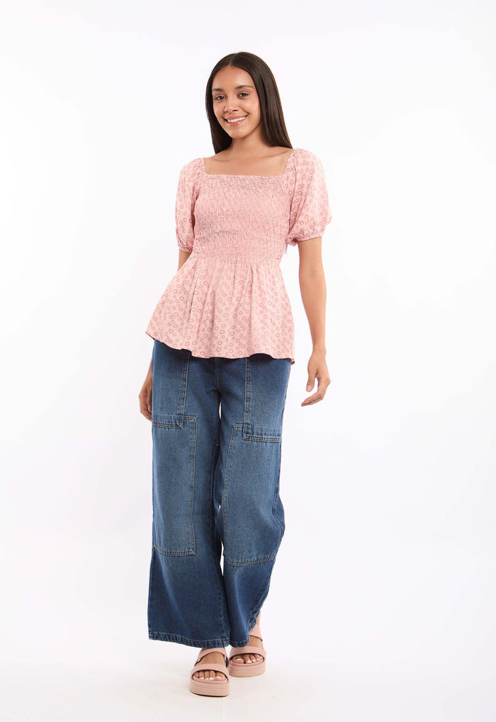 Smocked Floral Viscose Top with Puff Sleeves