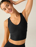 Woman wearing Beyond Yoga Spacedye Good Day Tank in Darkest Night