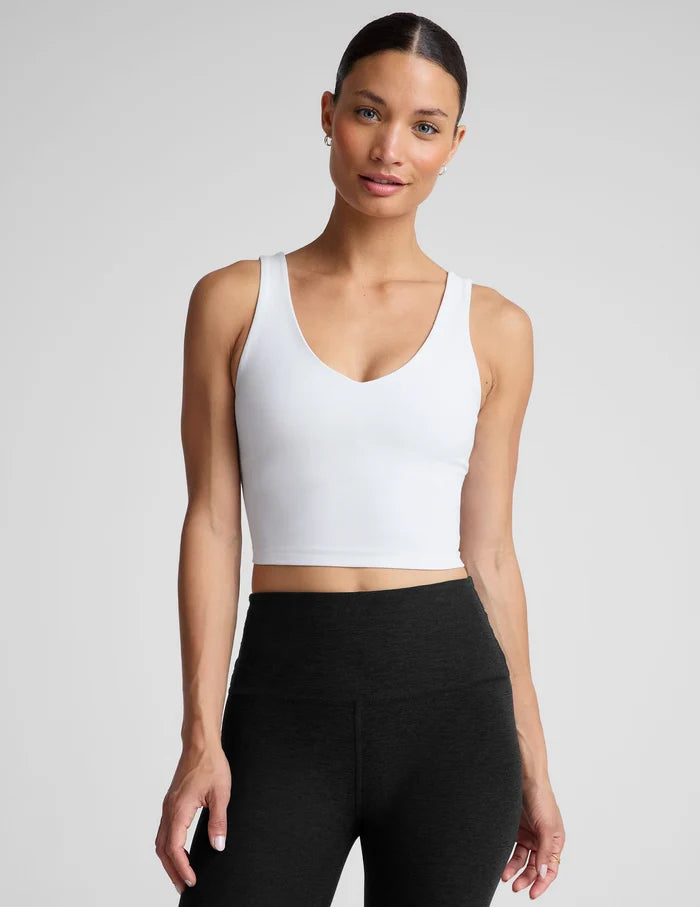 Woman wearing Beyond Yoga Spacedye Good Day Tank in cloud white