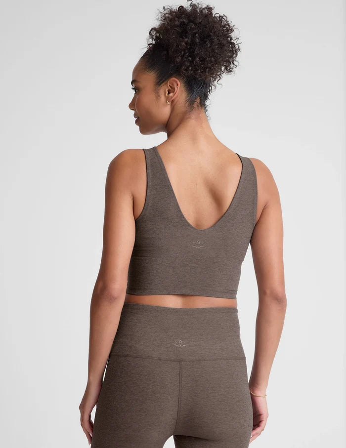 Woman wearing Beyond Yoga Spacedye Good Day Tank in soft umber