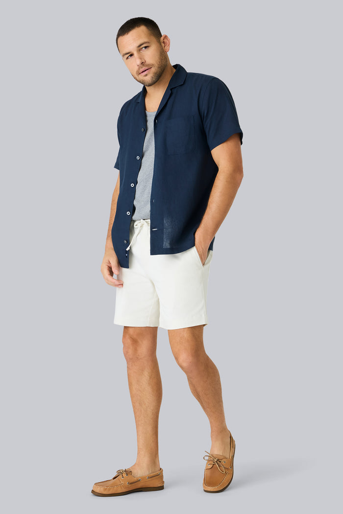 Full front view of a man wearing Stretch Twill Drawstring Chino Short in Froth