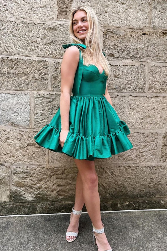 Sweetheart Bow Strap A-Line Ruched Sleeveless Homecoming Dress