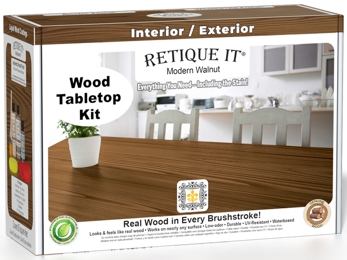Retique It® Modern Walnut Wood Tabletop Kit box featuring a Modern Walnut wood finish and complete refinishing kit for interior and exterior surfaces.