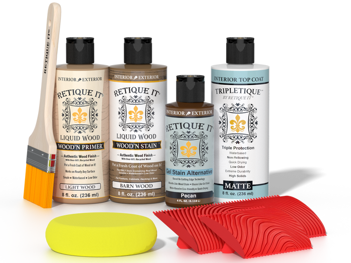 Retique It® Barn Wood Wood'n Kit with Light Wood Primer, Barn Wood Wood'n Stain, Matte TripleTique Top Coat, Pecan Gel Stain Alternative, yellow sponge, red graining tool, and brush.