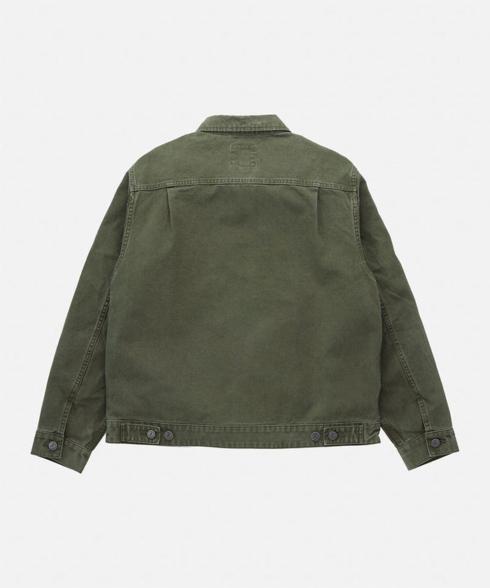 Back view of a Gramicci moss green Taos Canvas Jacket against a light-tone background.