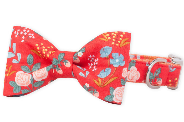 A red dog collar with an attached matching fabric bow tie, featuring a lively floral pattern of wildflowers—complete with metal hardware for a polished finish.