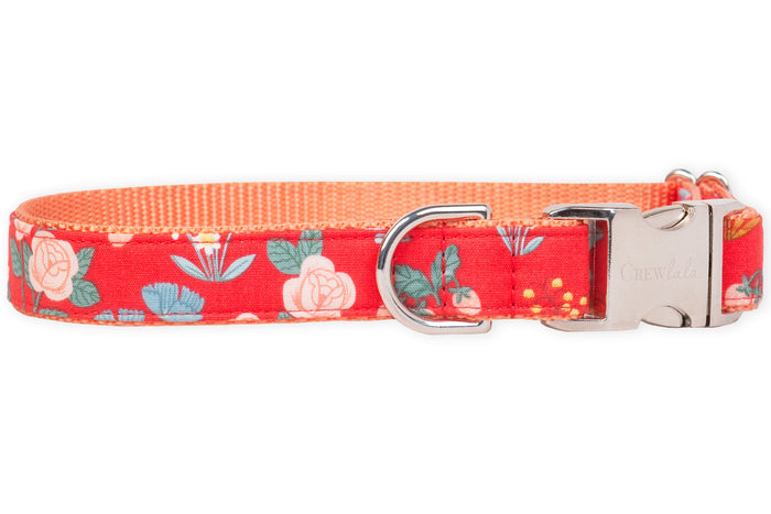 Floral and functional, this adjustable red dog collar features cheerful pastel blooms and greenery, a sturdy side-release buckle, and vibrant lining for all-day style and comfort.