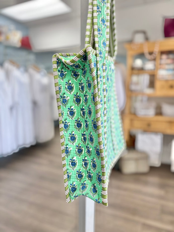 teal floral print quilted bag