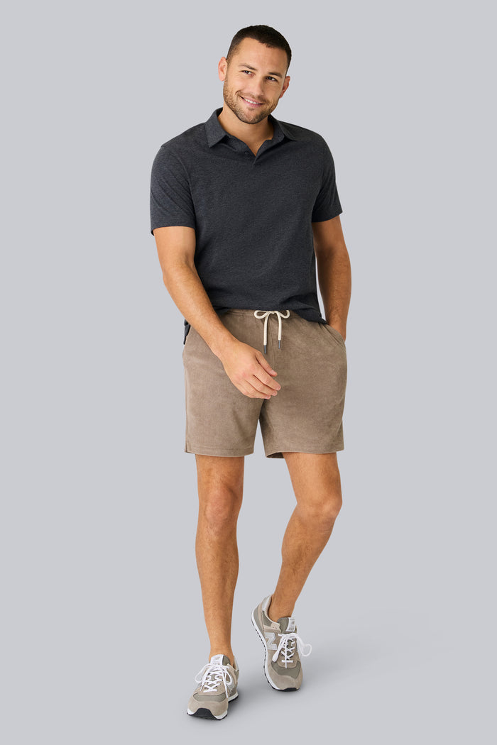 Full front view of a man wearing Terry Cloth Short in Desert Taupe