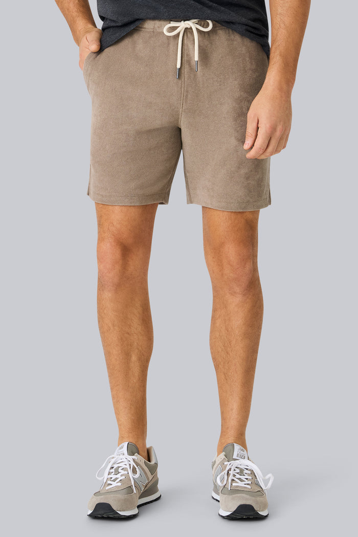 Front view of a man wearing Terry Cloth Short in Desert Taupe