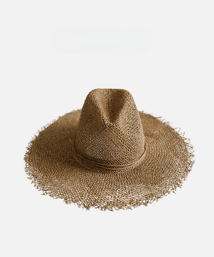 A brown straw fedora hat with a band on a plain background #color_brown
