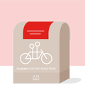 Time and Temperature espresso bag by Tandem Coffee Roasters with red backdrop beige packaging and bicycle illustration.