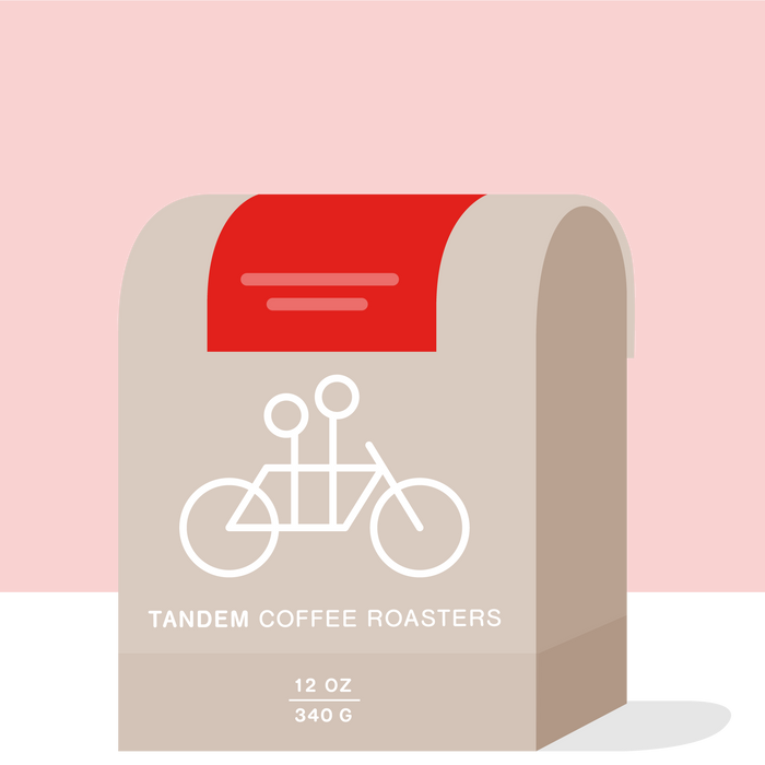 Time and Temperature espresso bag by Tandem Coffee Roasters with red backdrop beige packaging and bicycle illustration.