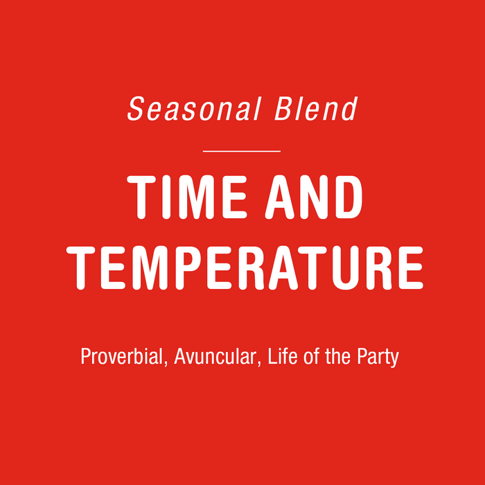 Bright red Time and Temperature coffee bag label with Seasonal Blend title and bold Time and Temperature text