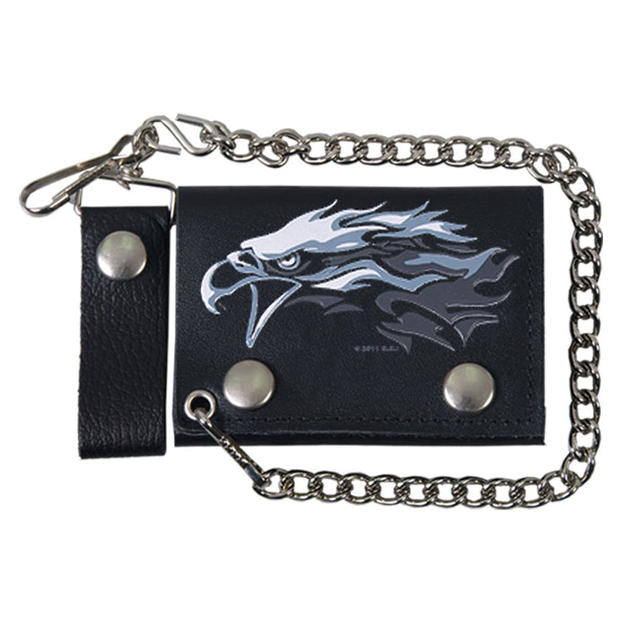 Tribal Eagle Tri-Fold Wallet: 4" tri-fold wallet made of soft black leather