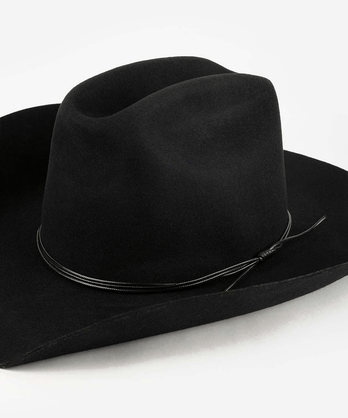 Black cowboy hat with a black triple strand band on a white background #color_black