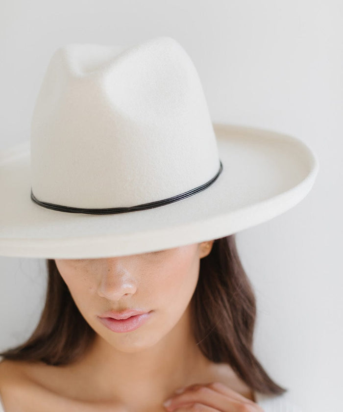Person wearing a white cowboy hat with a black hat band against a plain background #color_black