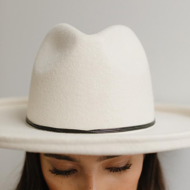 Close up image of a person wearing a white cowboy hat with a black hat band against a plain background #color_black
