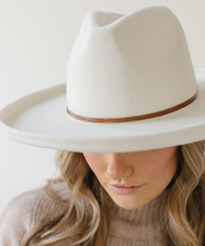 Person wearing a white cowboy hat with a brown hat band against a plain background #color_brown