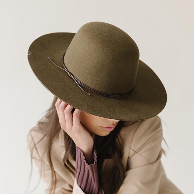 Person wearing a brown cowboy hat with a chocolate colored hat band  and a beige coat, posing against a plain background #color_chocolate