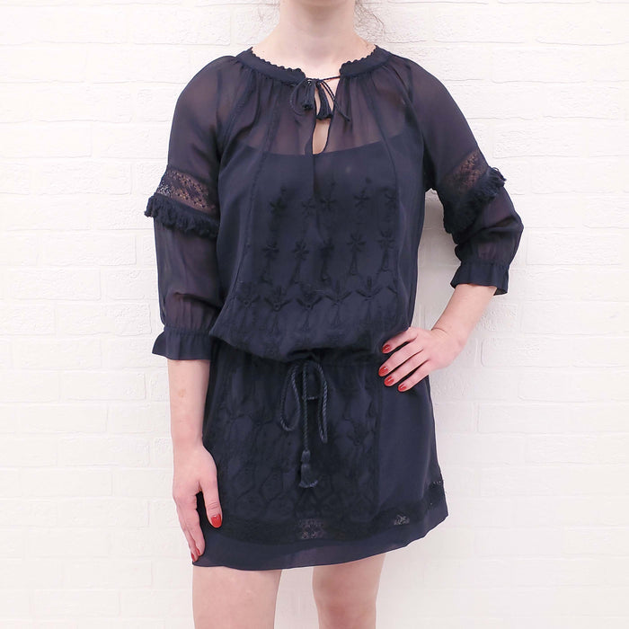 ULLA JOHNSON NAVY SILK DRESS WITH EYELET DETAILS - SIZE 2