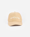 Beige cap with 'Vacation Club' text on a white background #color_tan