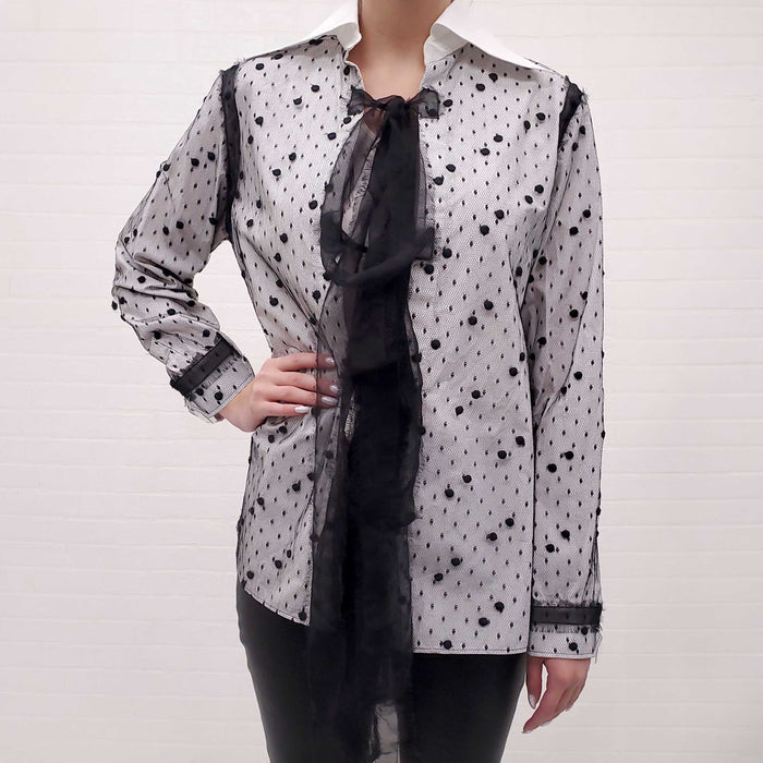 VALENTINO BLACK AND WHITE EMBELLISHED COTTON POPLIN BLOUSE - SIZE 40