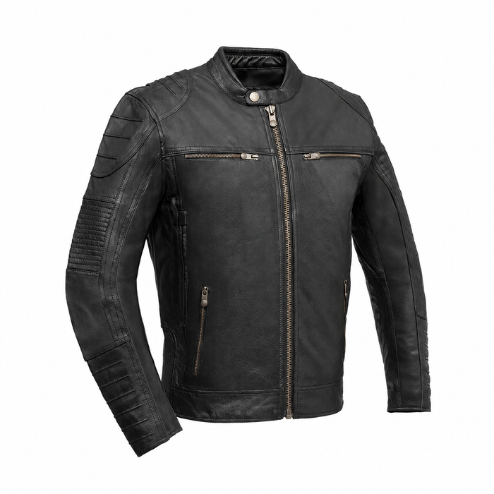 Veloci men's black cowhide motorcycle jacket, front view
