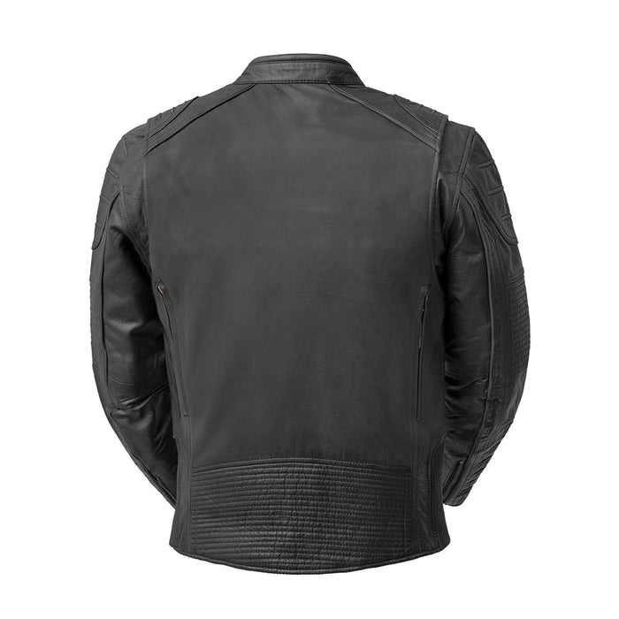 Veloci men's black cowhide motorcycle jacket, back view