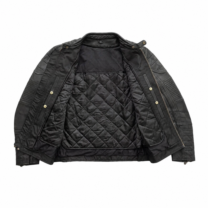 Veloci leather jacket open interior with removable quilted thermal liner