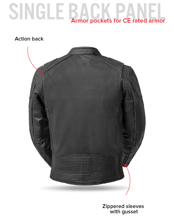 Veloci leather jacket action back, sleeve gusset and armor pocket feature guide