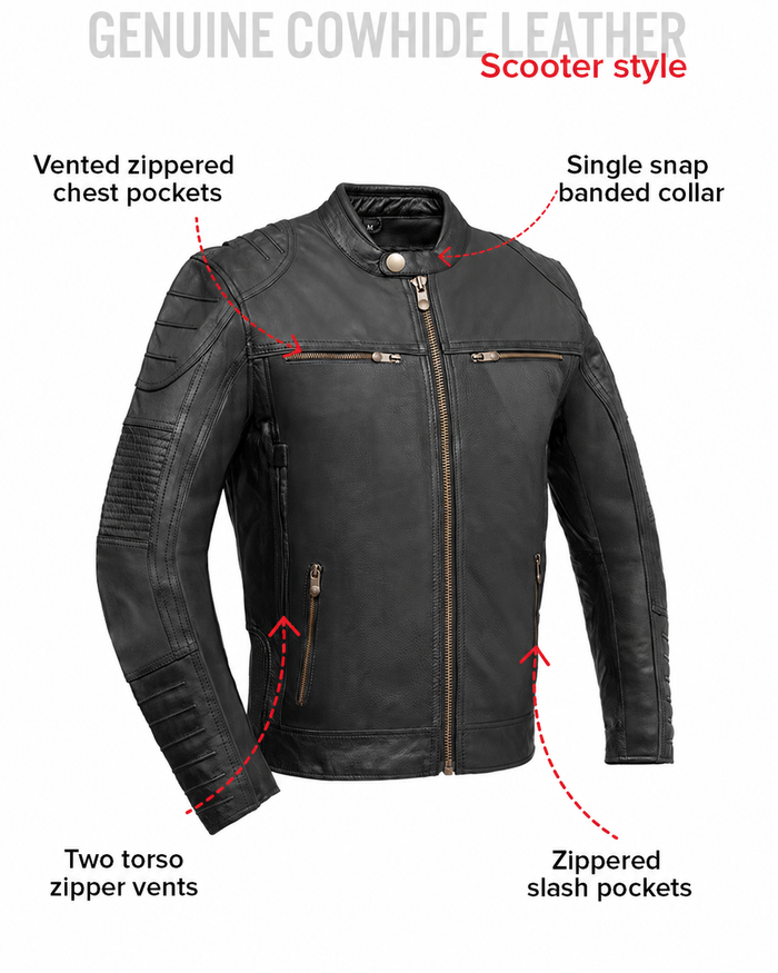 Veloci leather jacket chest vents, collar, torso vents and slash pocket feature guide