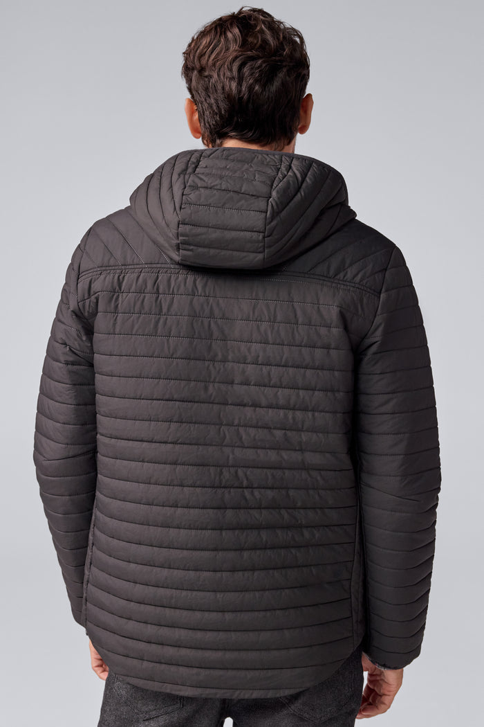 Back view of a man wearing Warmknit Air Jacket in True Black/Total Eclipse Liner
