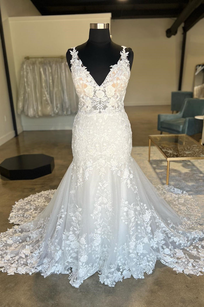 White Plunging V Neck Appliques Mermaid Sweeping Wedding Dress