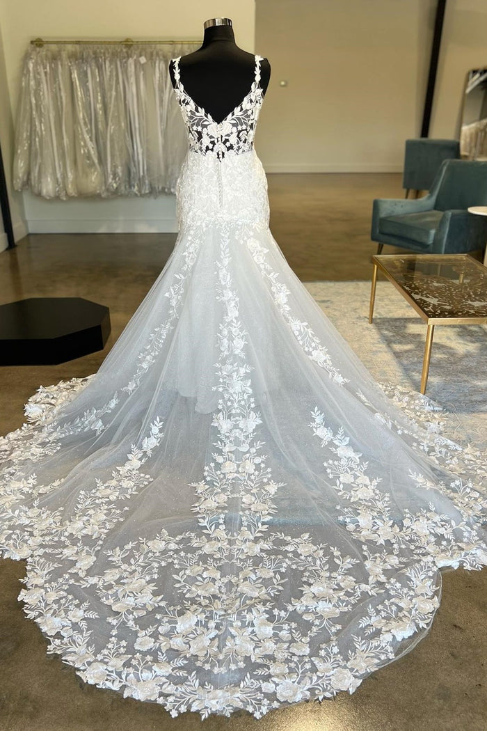 White Plunging V Neck Appliques Mermaid Sweeping Wedding Dress