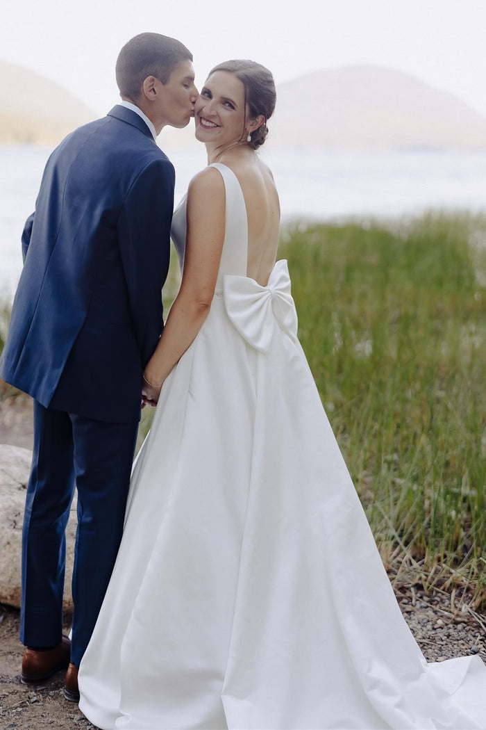 White Satin Bateau Beaded Wedding Dress with Bow