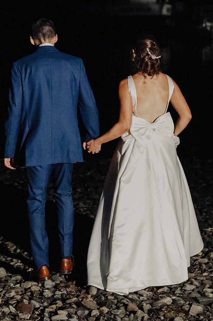 White Satin Bateau Beaded Wedding Dress with Bow